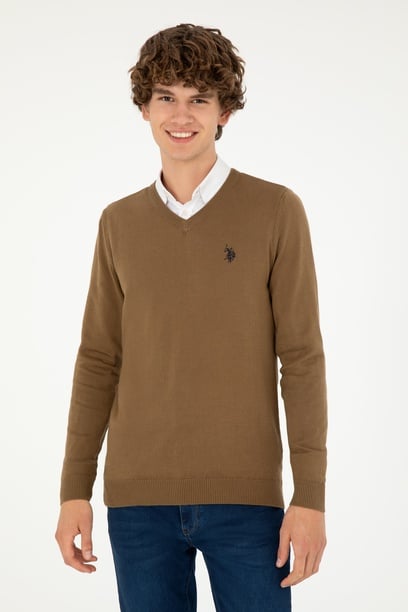 Erkek Slim Fit V Yaka Haki Melanj Basic Kazak