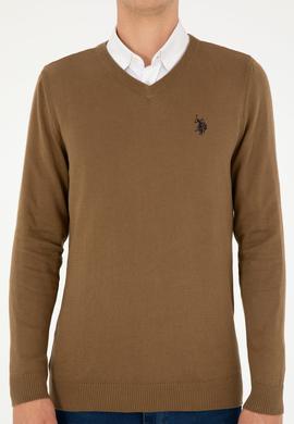 Erkek Slim Fit V Yaka Haki Melanj Basic Kazak - 50293512033