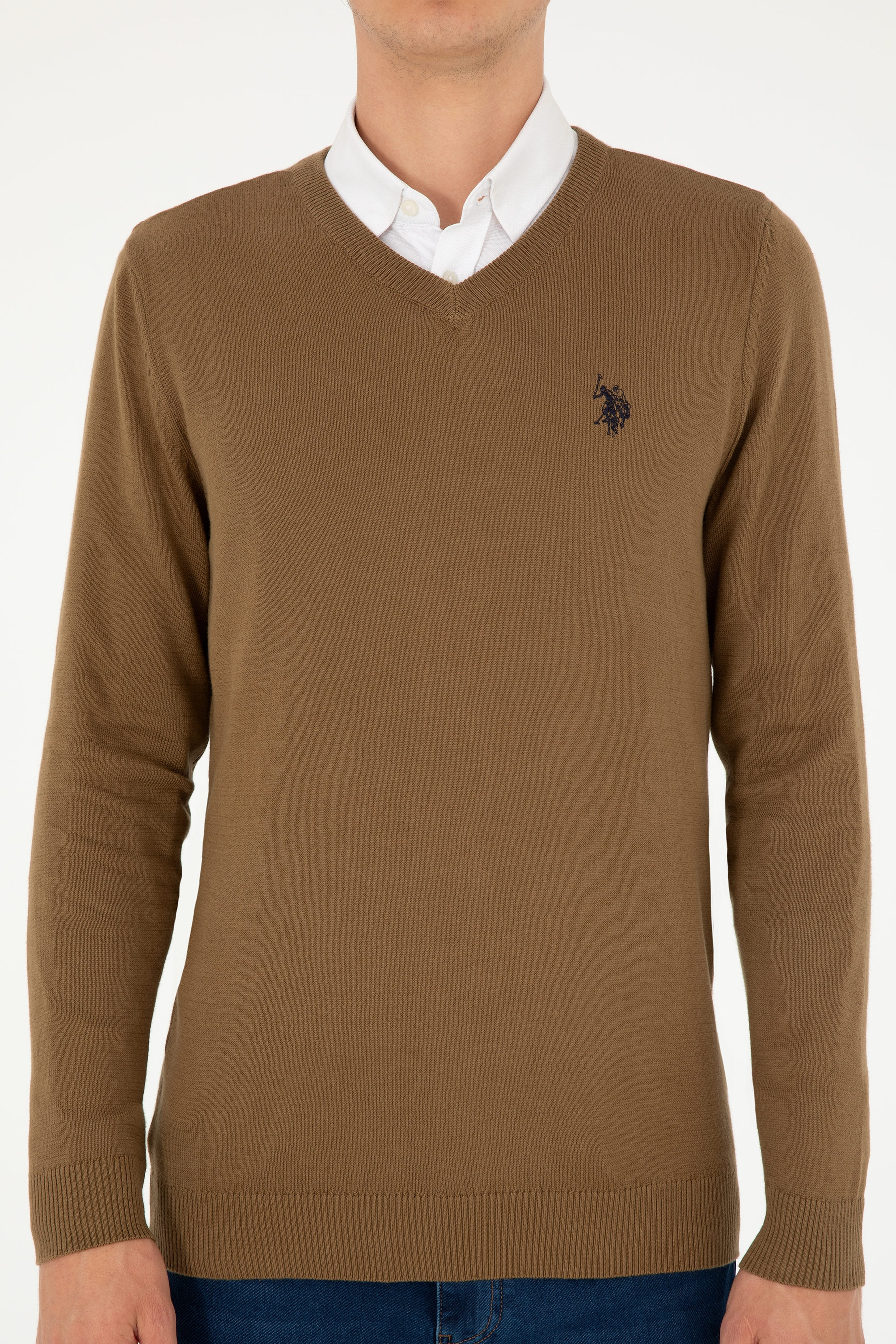 Erkek Slim Fit V Yaka Haki Melanj Basic Kazak - Image 6