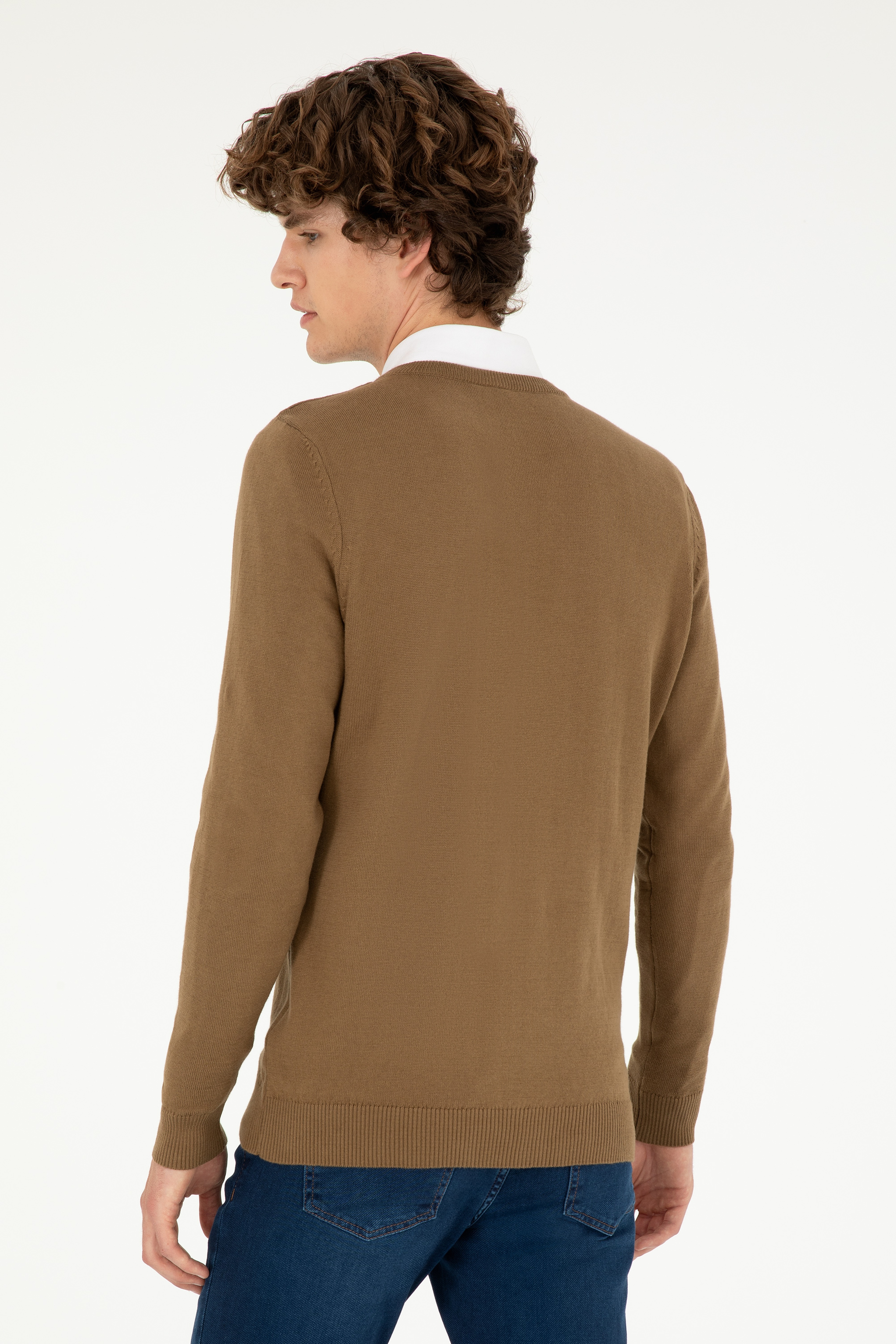 Erkek Slim Fit V Yaka Haki Melanj Basic Kazak