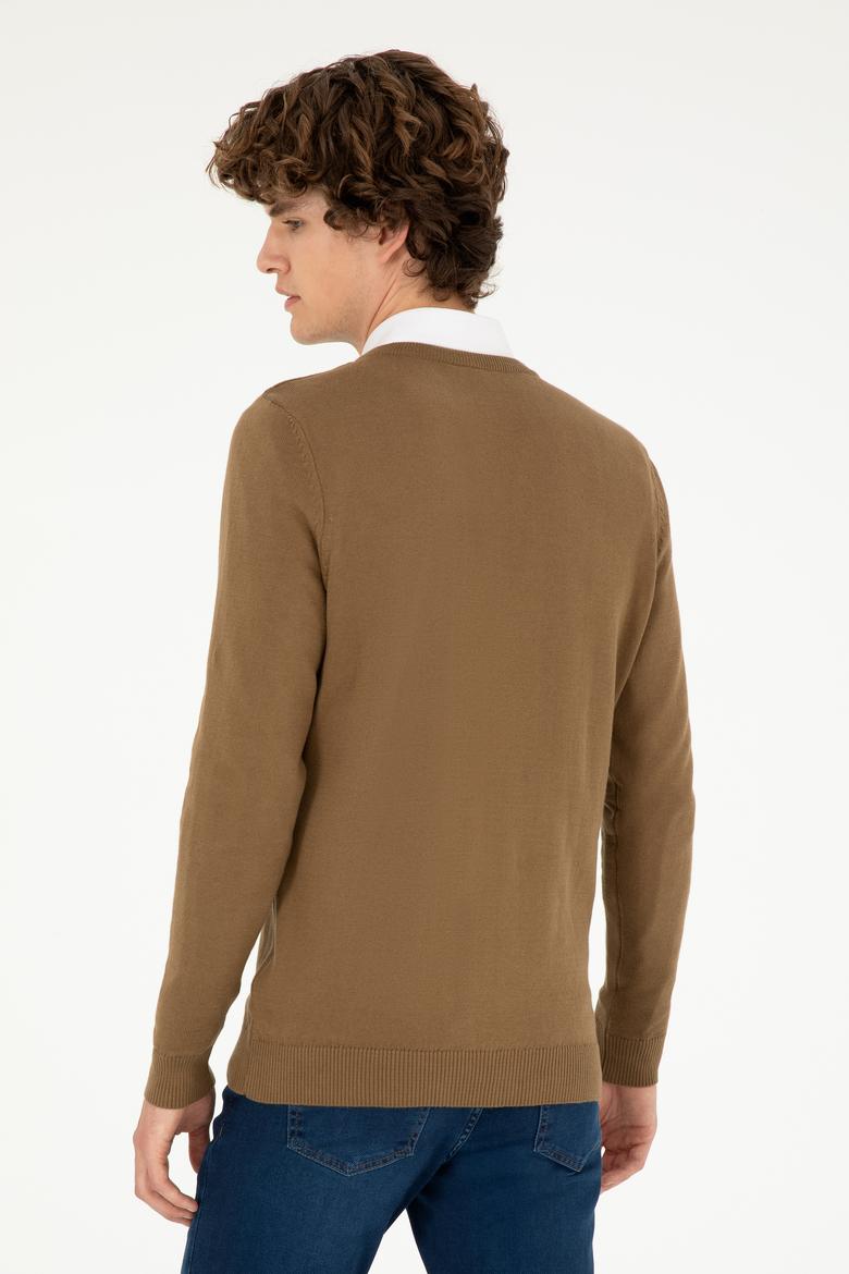 Erkek Slim Fit V Yaka Haki Melanj Basic Kazak - 50293512033