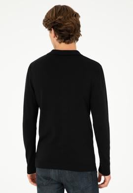 Erkek Slim Fit Polo Yaka Siyah Basic Kazak - 50292434007