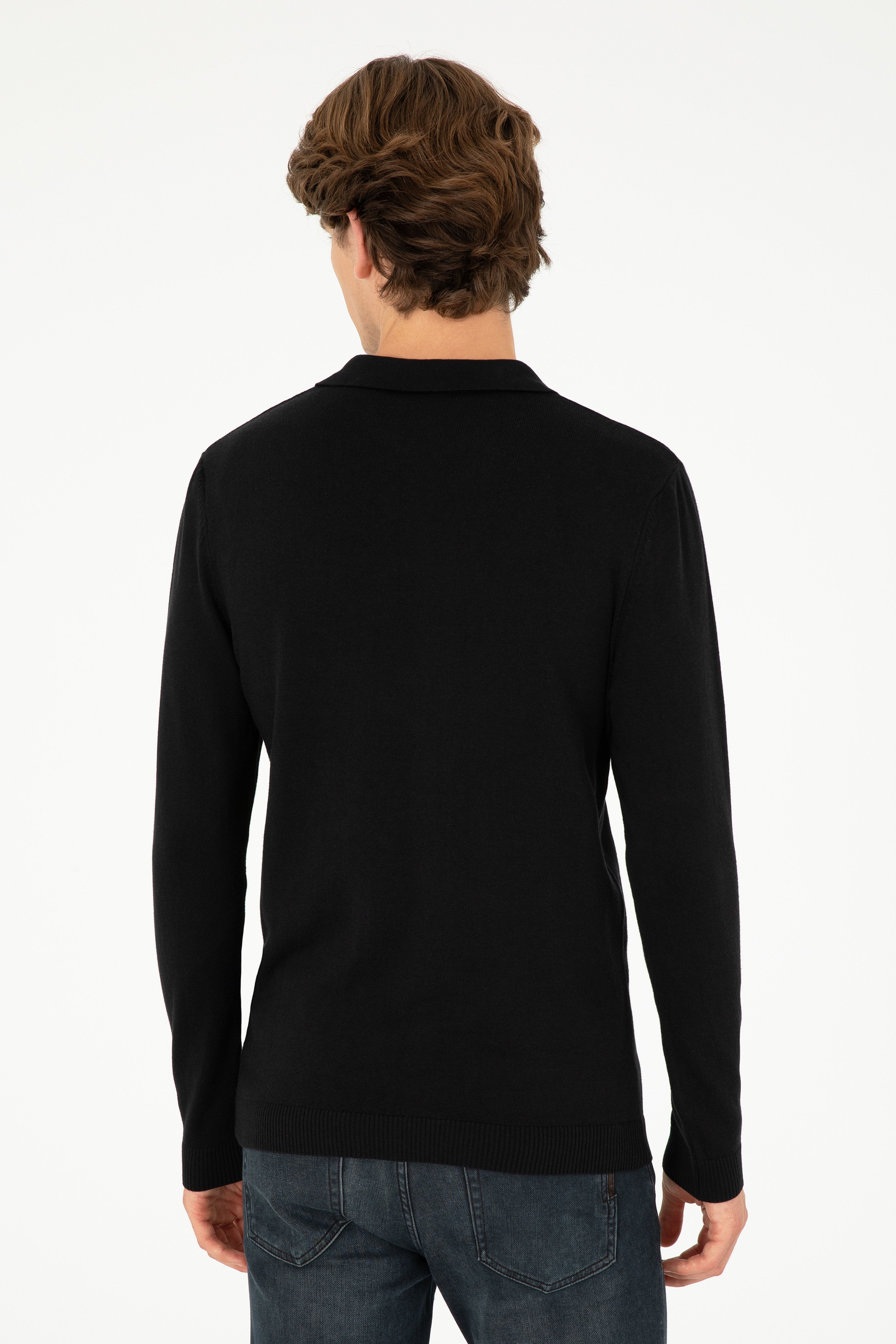 Erkek Slim Fit Polo Yaka Siyah Basic Kazak - Image 5
