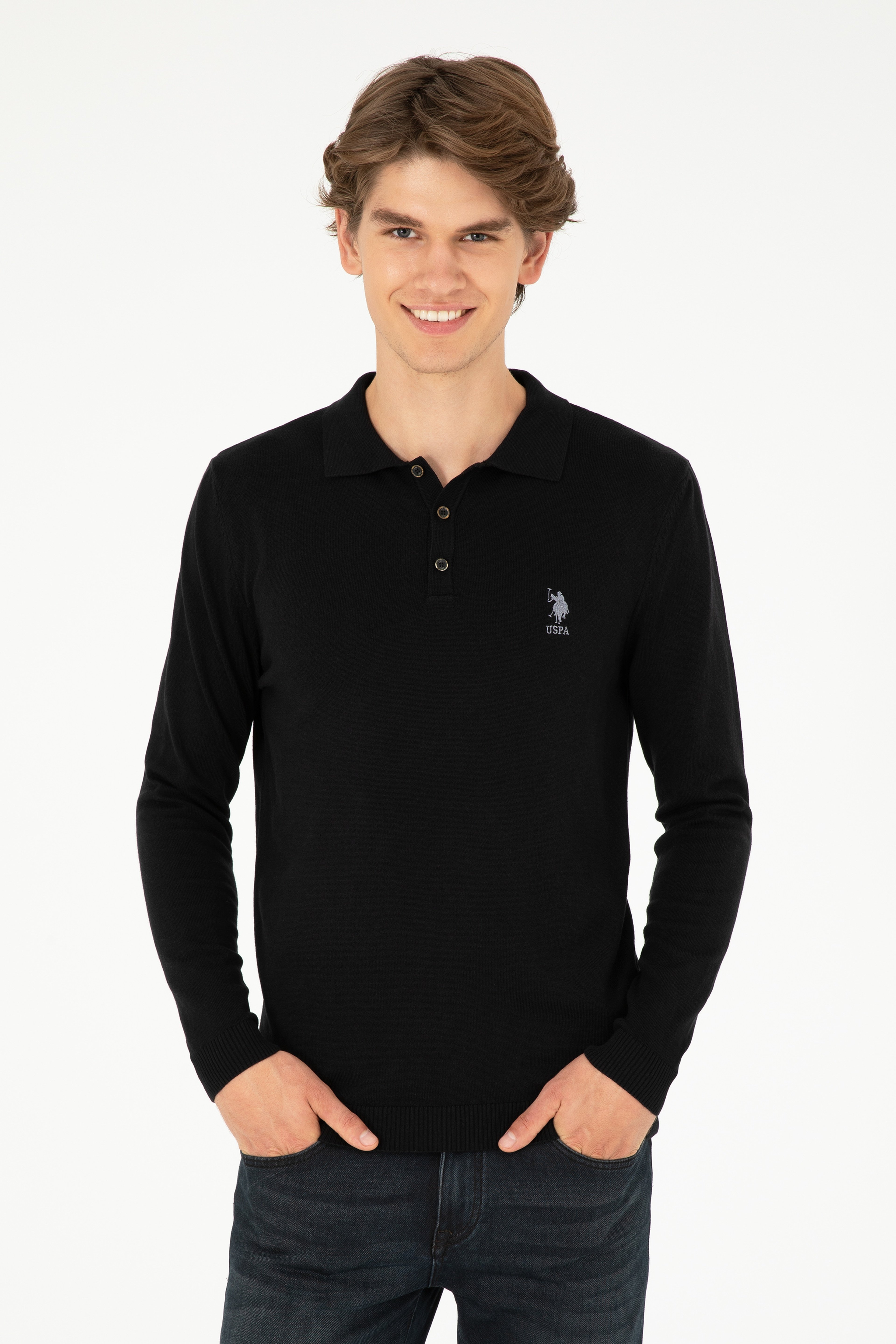 Erkek Slim Fit Polo Yaka Siyah Basic Kazak - Image 1