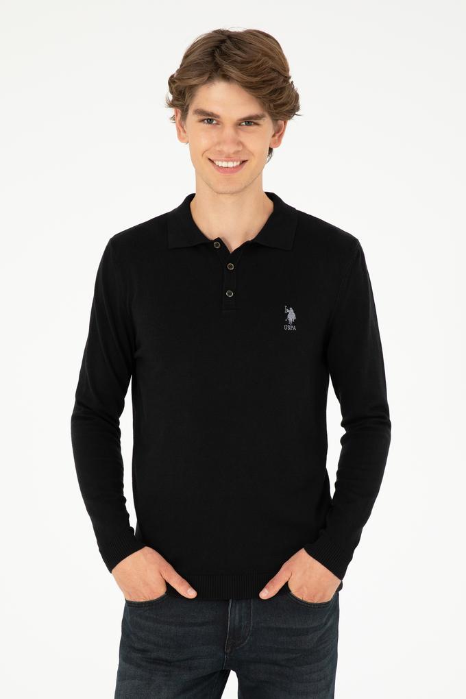 Erkek Slim Fit Polo Yaka Siyah Basic Kazak