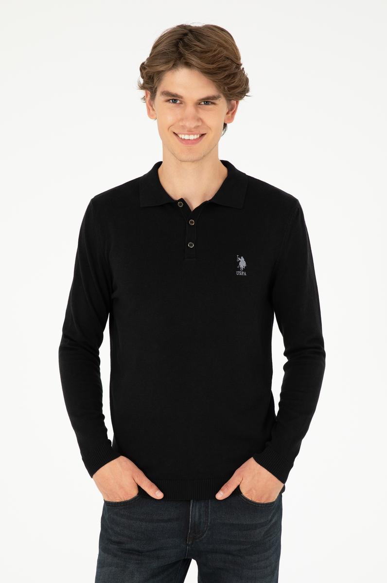 Erkek Slim Fit Polo Yaka Siyah Basic Kazak