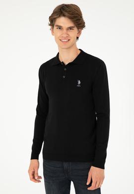 Erkek Slim Fit Polo Yaka Siyah Basic Kazak - 50292434007