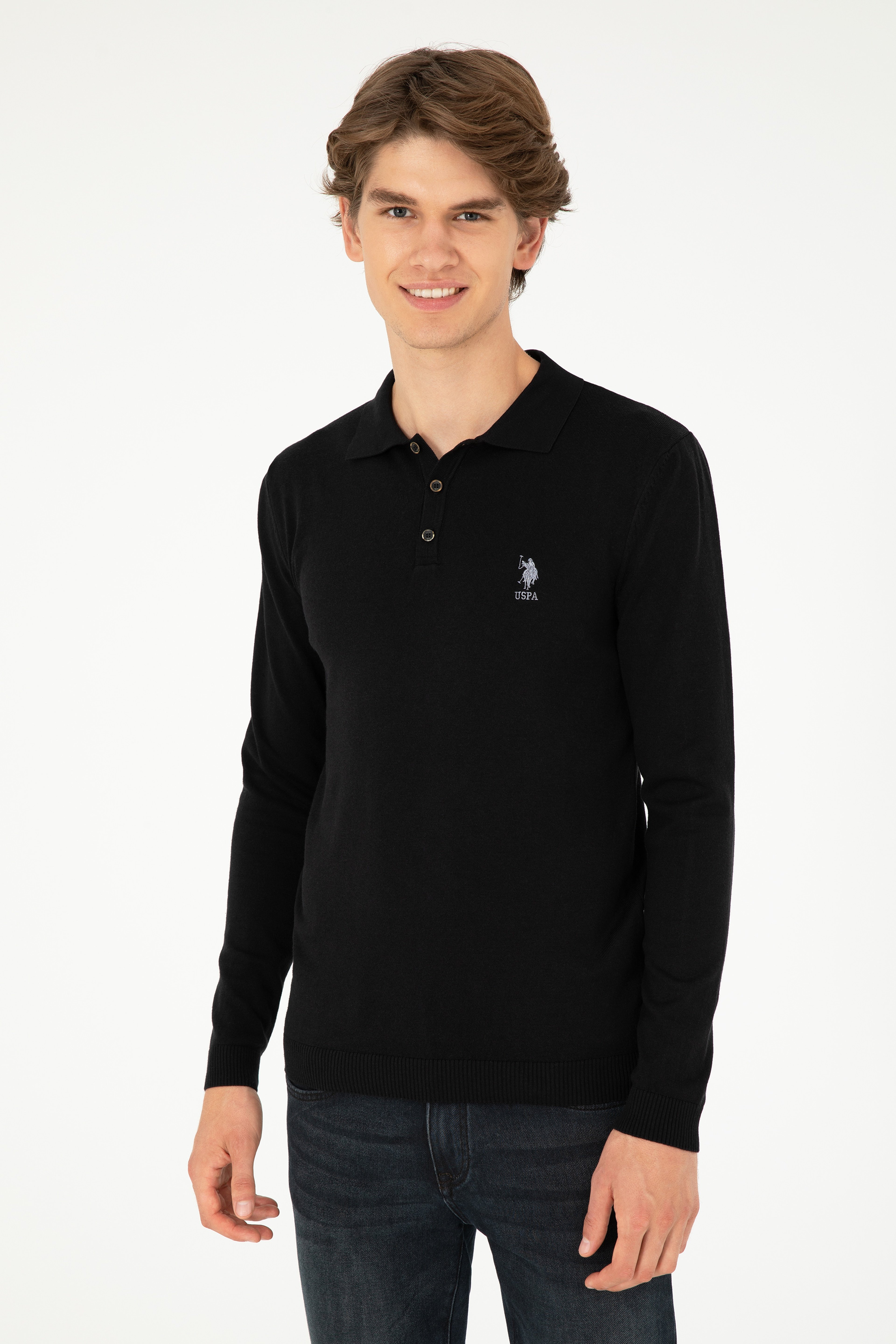 Erkek Slim Fit Polo Yaka Siyah Basic Kazak