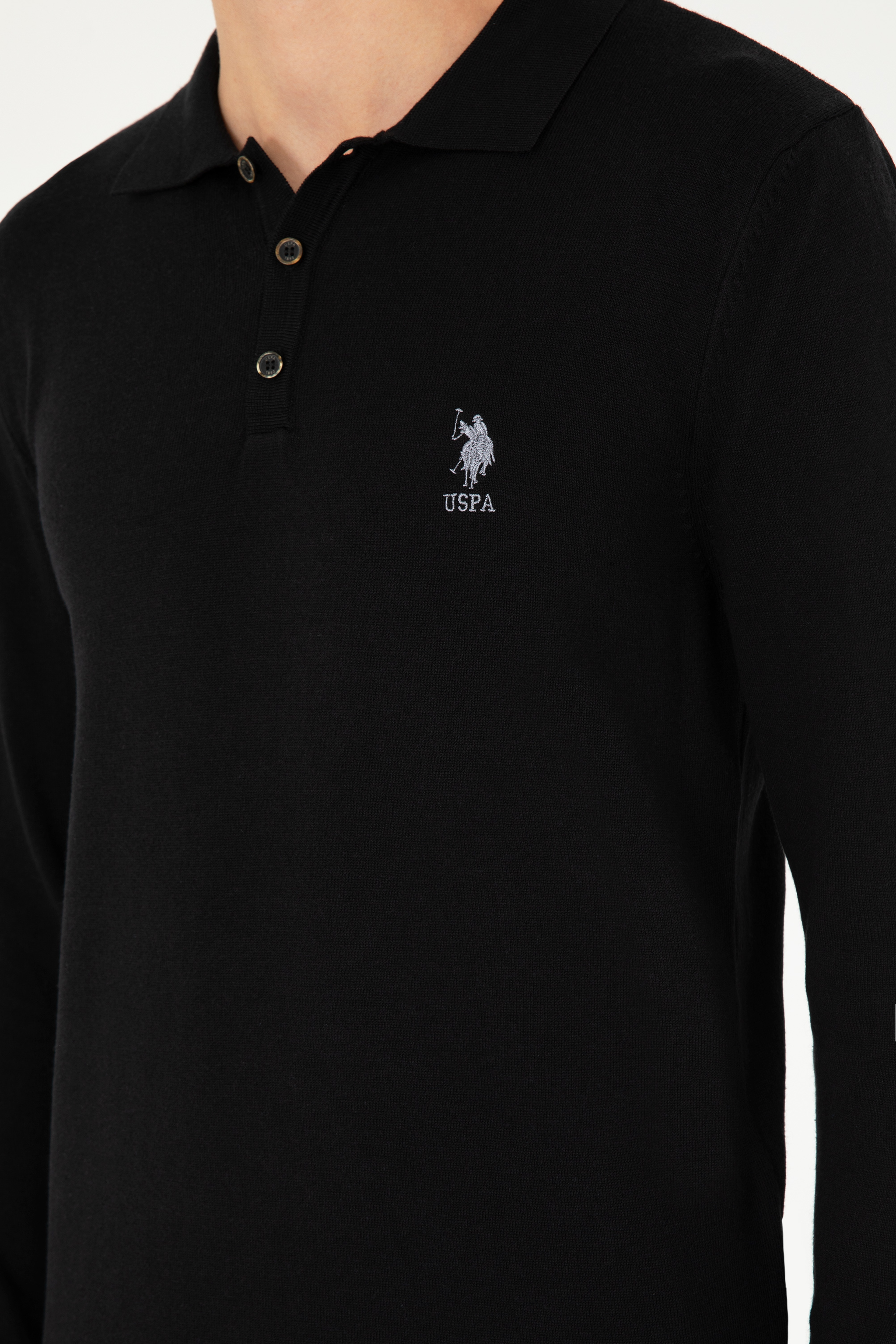 Erkek Slim Fit Polo Yaka Siyah Basic Kazak