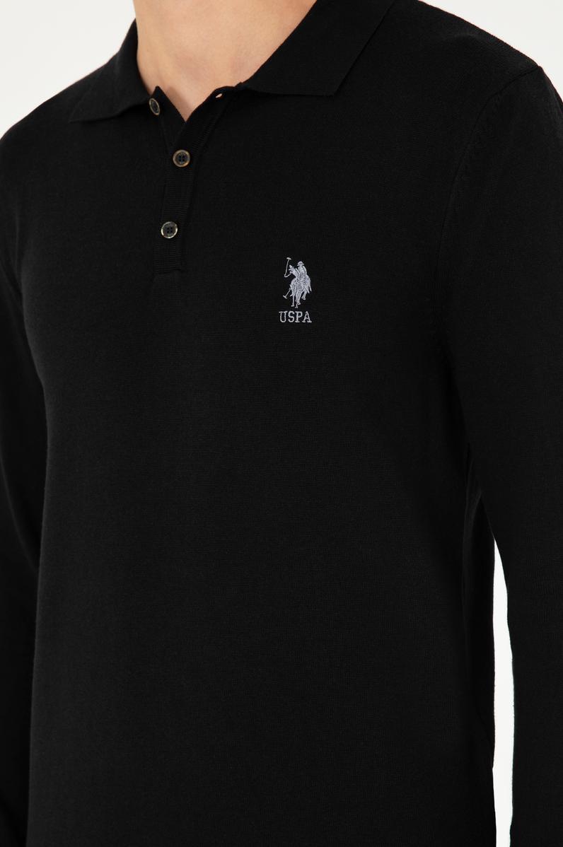 Erkek Slim Fit Polo Yaka Siyah Basic Kazak