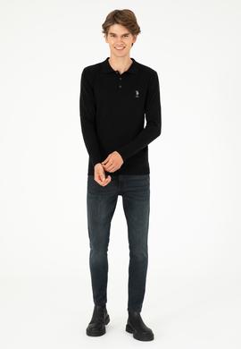 Erkek Slim Fit Polo Yaka Siyah Basic Kazak - 50292434007