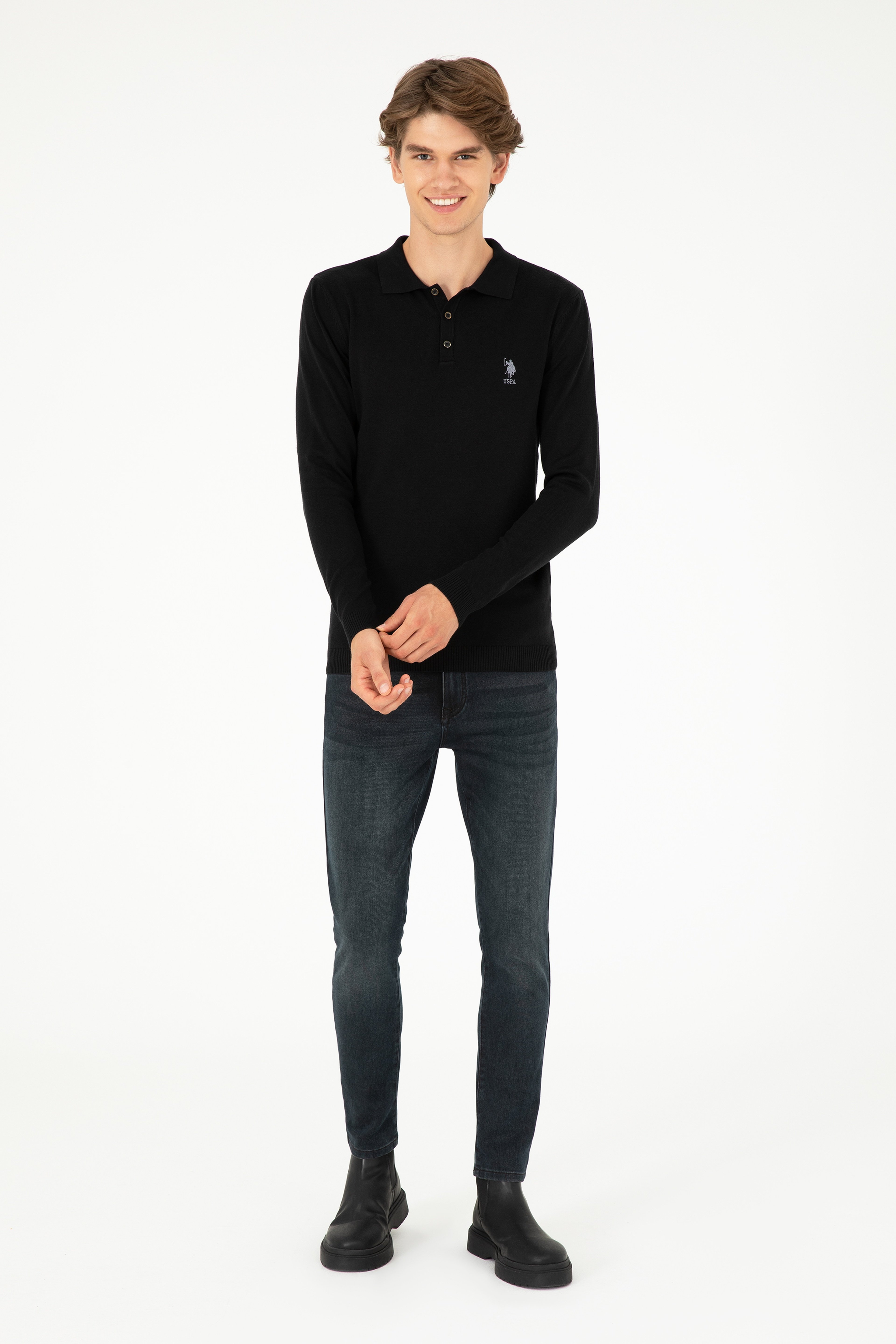 Erkek Slim Fit Polo Yaka Siyah Basic Kazak
