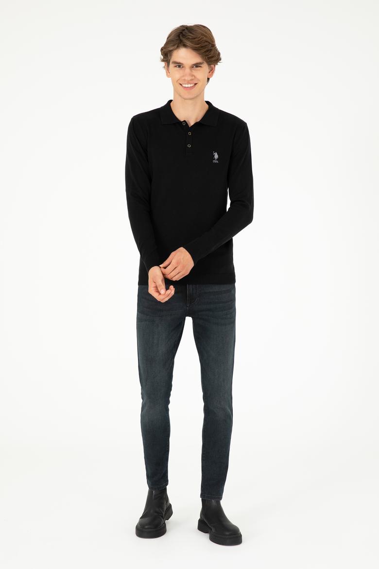 Erkek Slim Fit Polo Yaka Siyah Basic Kazak - 50292434007