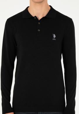 Erkek Slim Fit Polo Yaka Siyah Basic Kazak - 50292434007