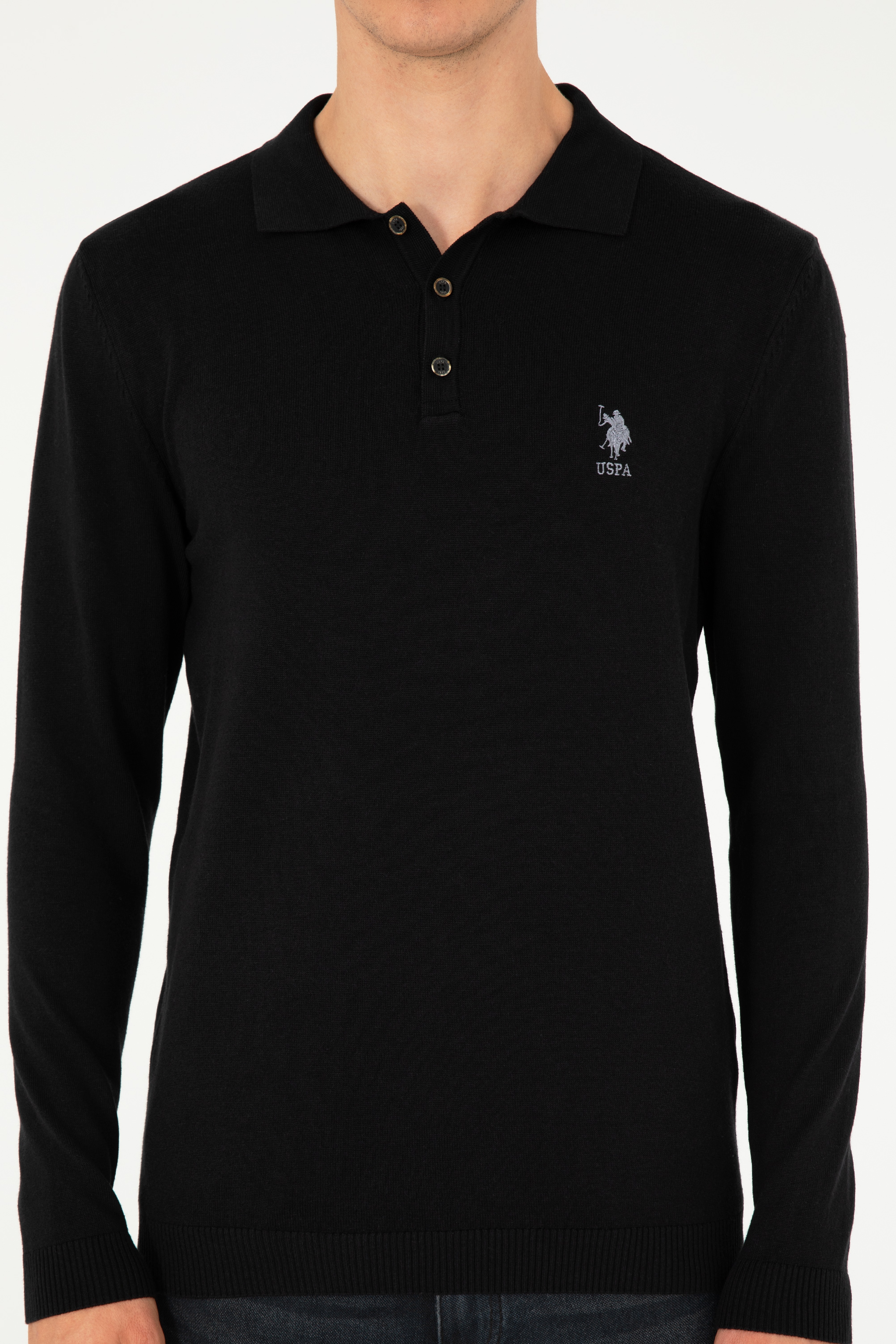 Erkek Slim Fit Polo Yaka Siyah Basic Kazak - Image 6