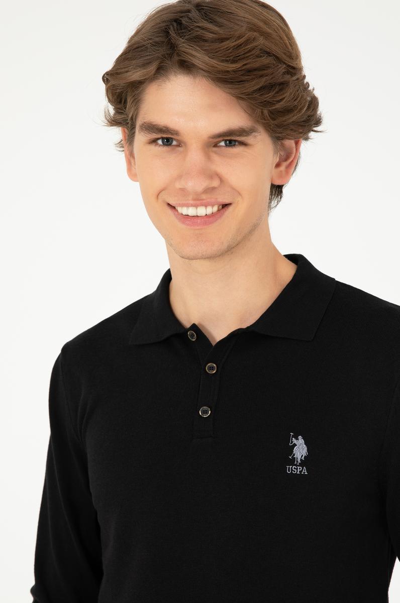 Erkek Slim Fit Polo Yaka Siyah Basic Kazak