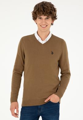 Erkek Slim Fit V Yaka Haki Melanj Basic Kazak - 50293512033