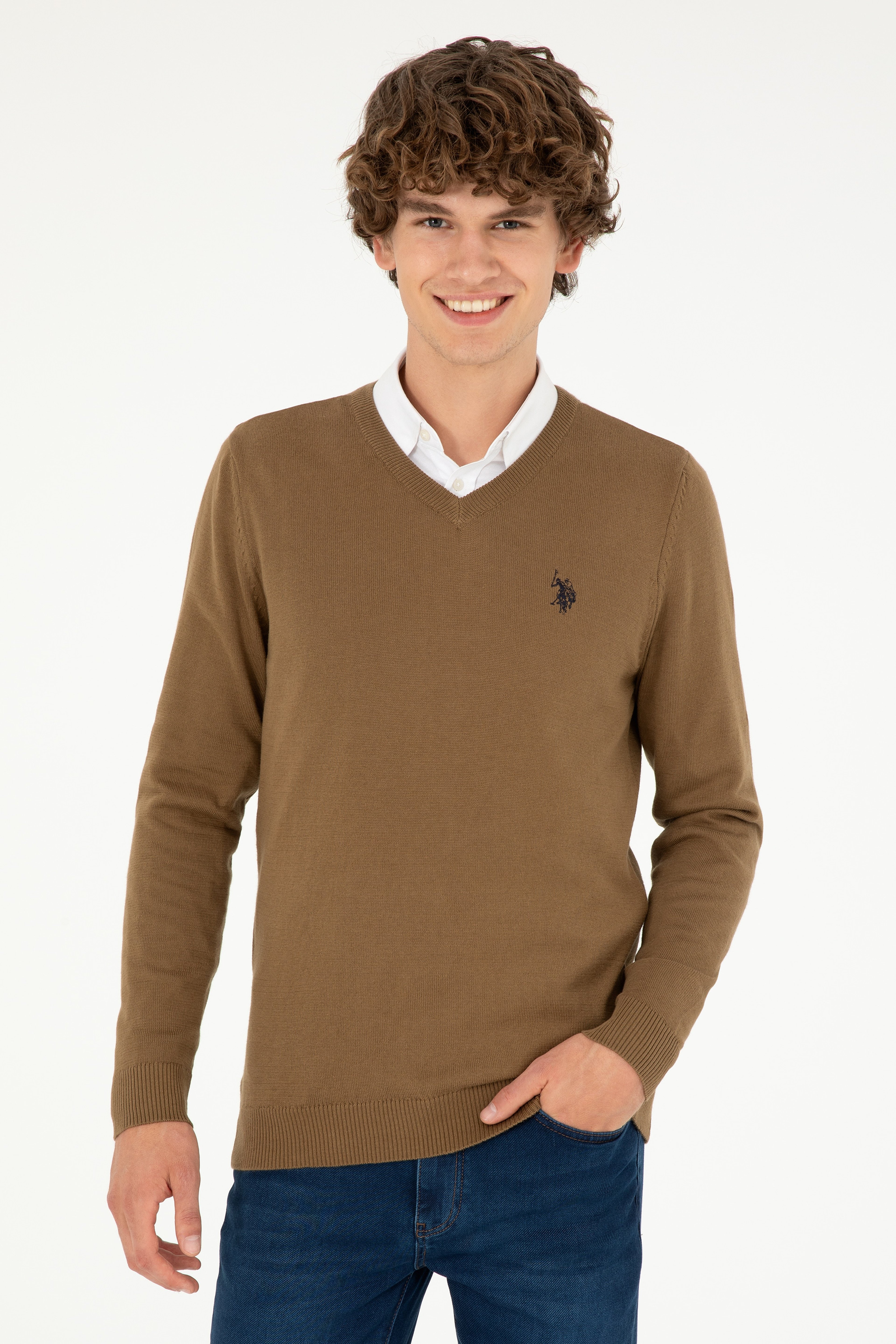 Erkek Slim Fit V Yaka Haki Melanj Basic Kazak - Image 1