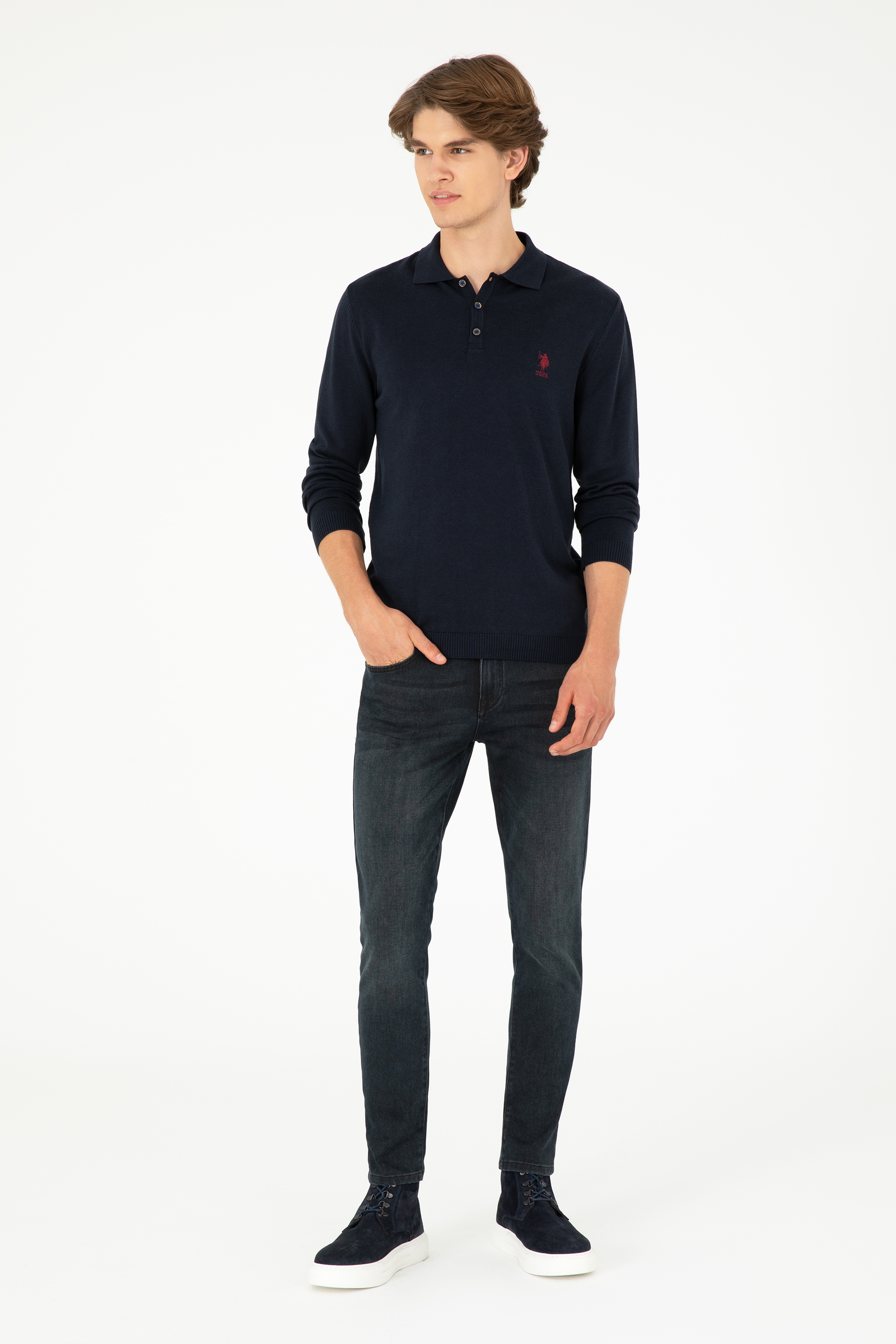 Erkek Slim Fit Polo Yaka Lacivert Basic Kazak