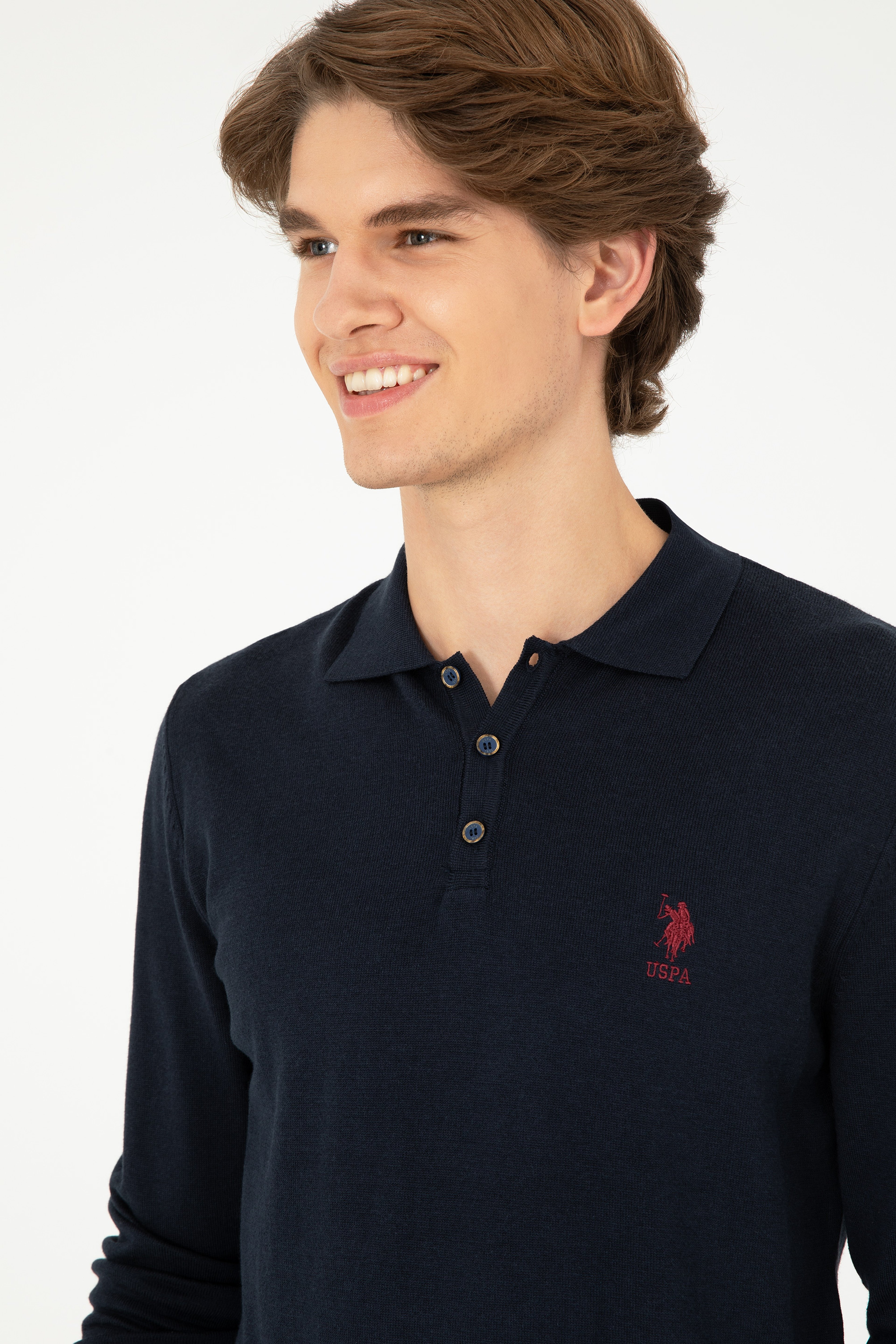 Erkek Slim Fit Polo Yaka Lacivert Basic Kazak - Image 2