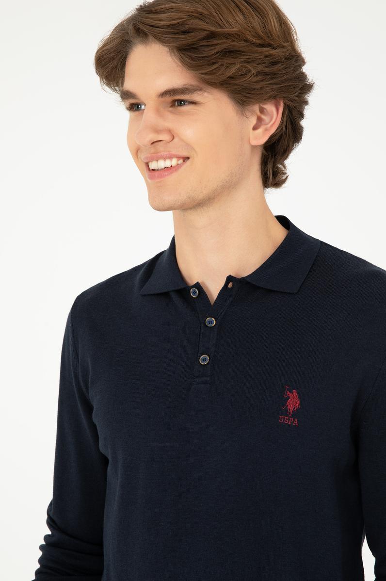 Erkek Slim Fit Polo Yaka Lacivert Basic Kazak