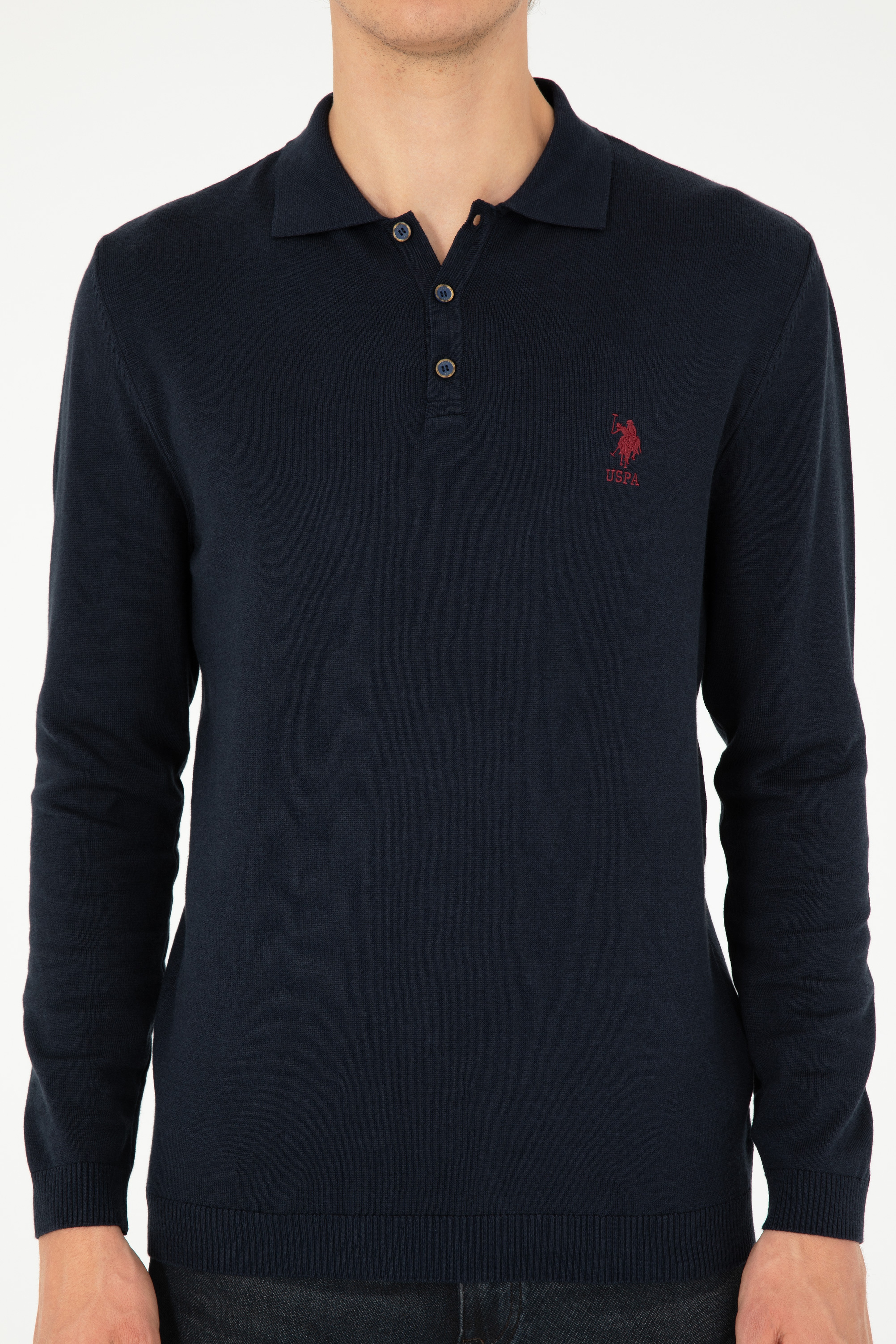 Erkek Slim Fit Polo Yaka Lacivert Basic Kazak - Image 6