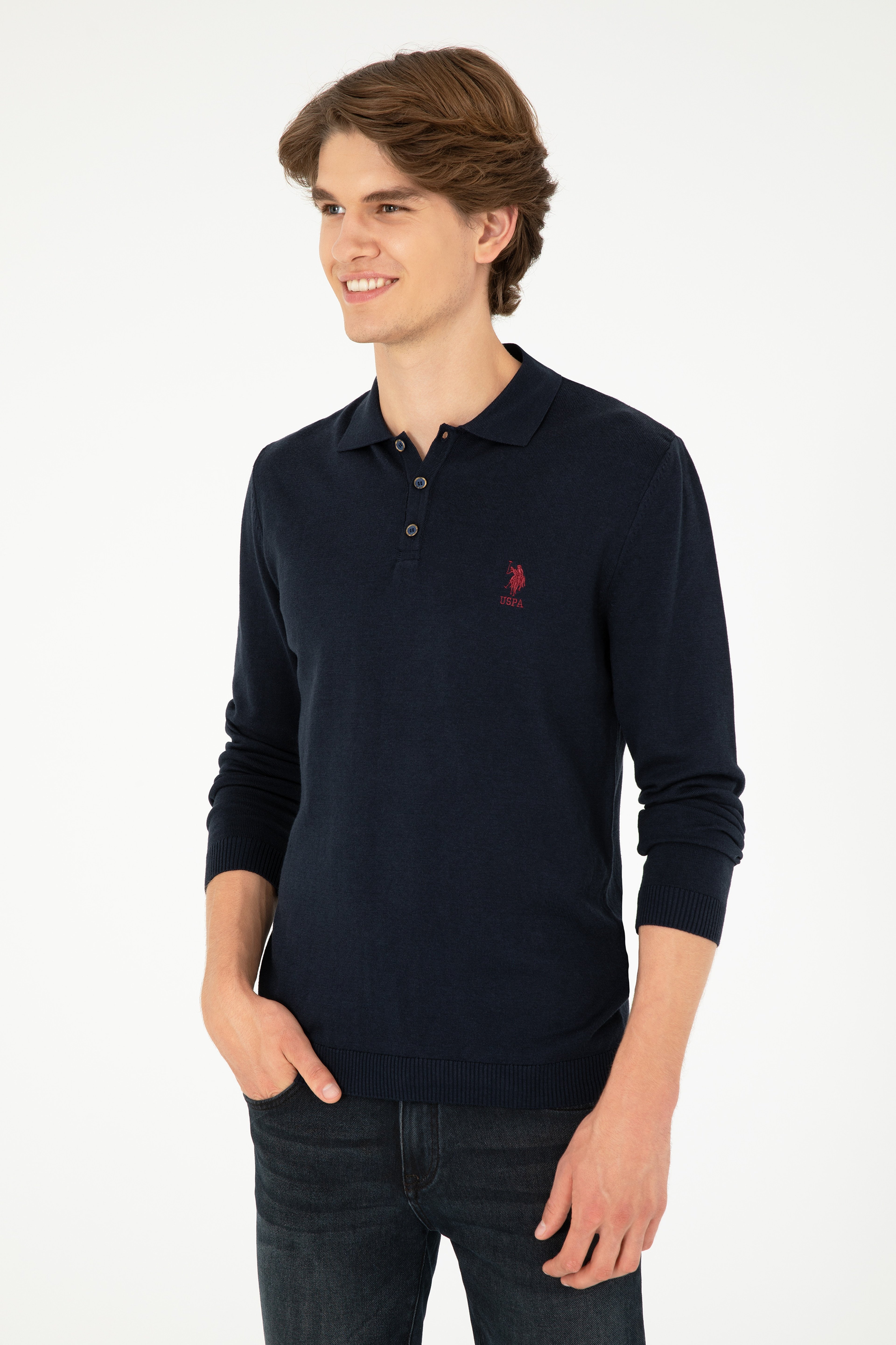 Erkek Slim Fit Polo Yaka Lacivert Basic Kazak - Image 3