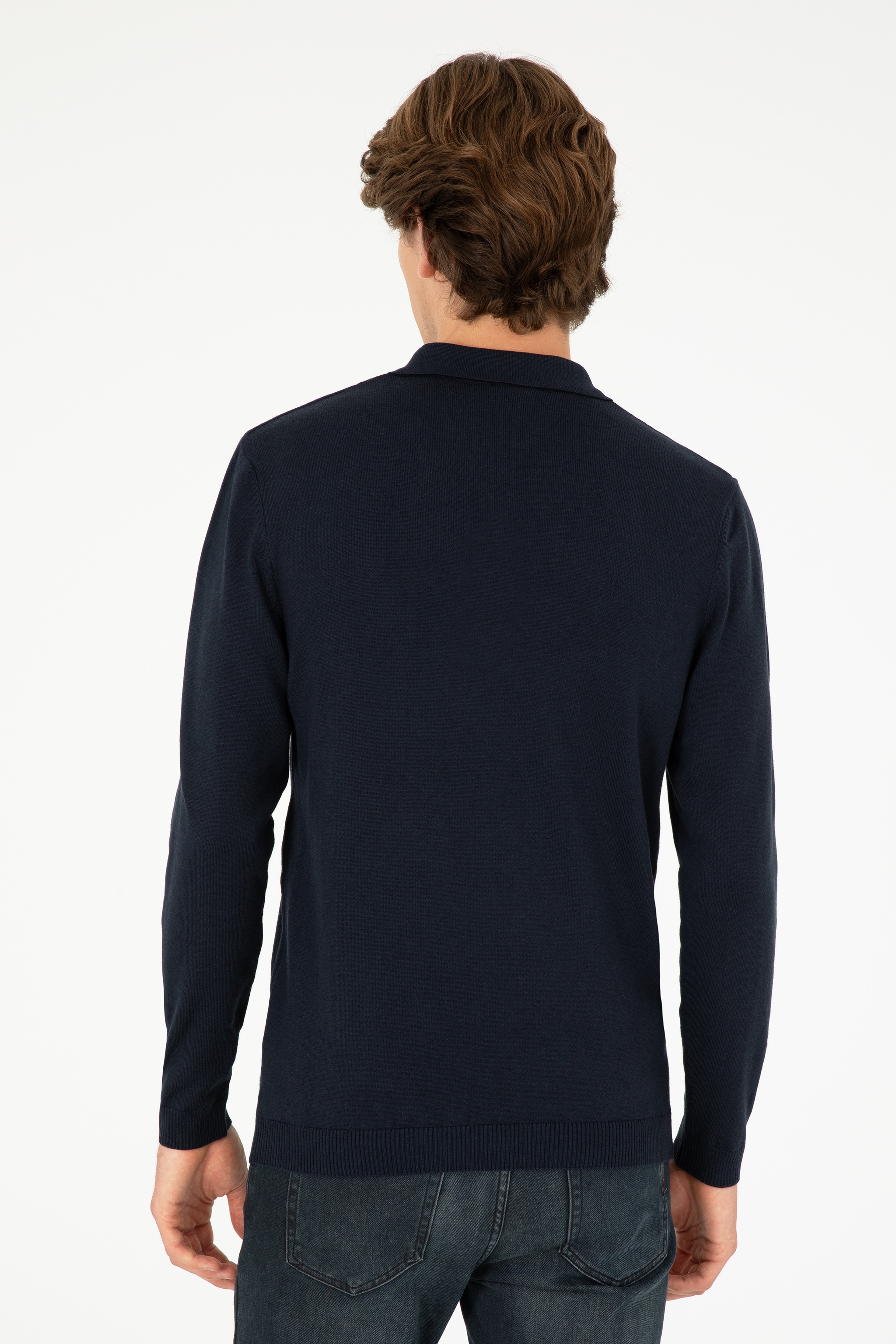 Erkek Slim Fit Polo Yaka Lacivert Basic Kazak - Image 5