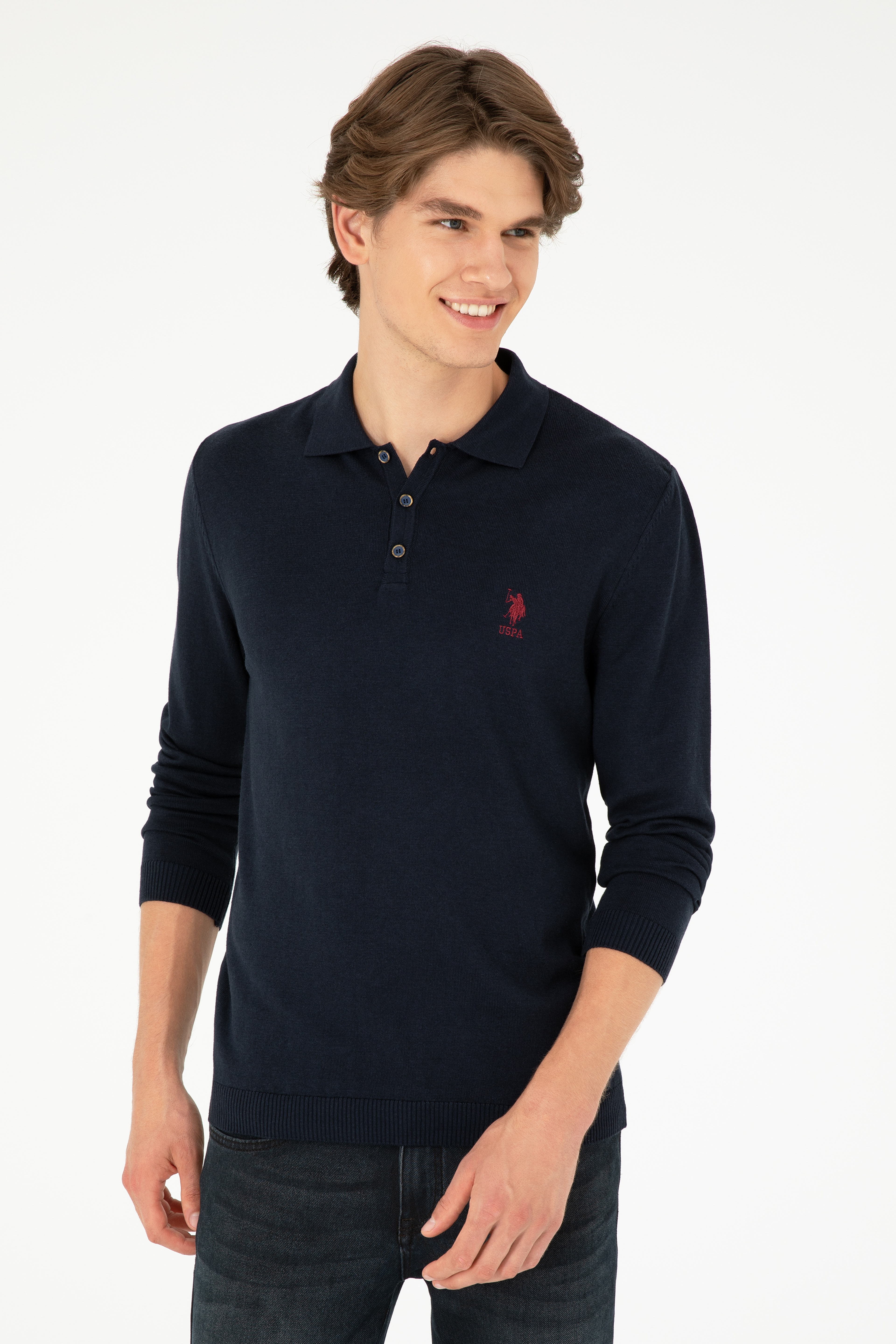 Erkek Slim Fit Polo Yaka Lacivert Basic Kazak - Image 1