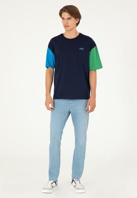 Erkek Comfort Fit Bisiklet Yaka Lacivert Tişört - 50287041056