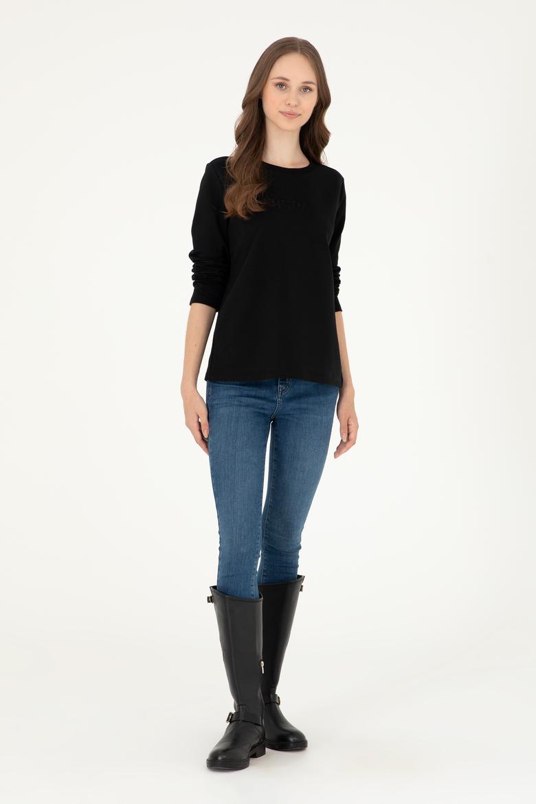 Kadın Siyah Bisiklet Yaka Sweatshirt - 50294752013