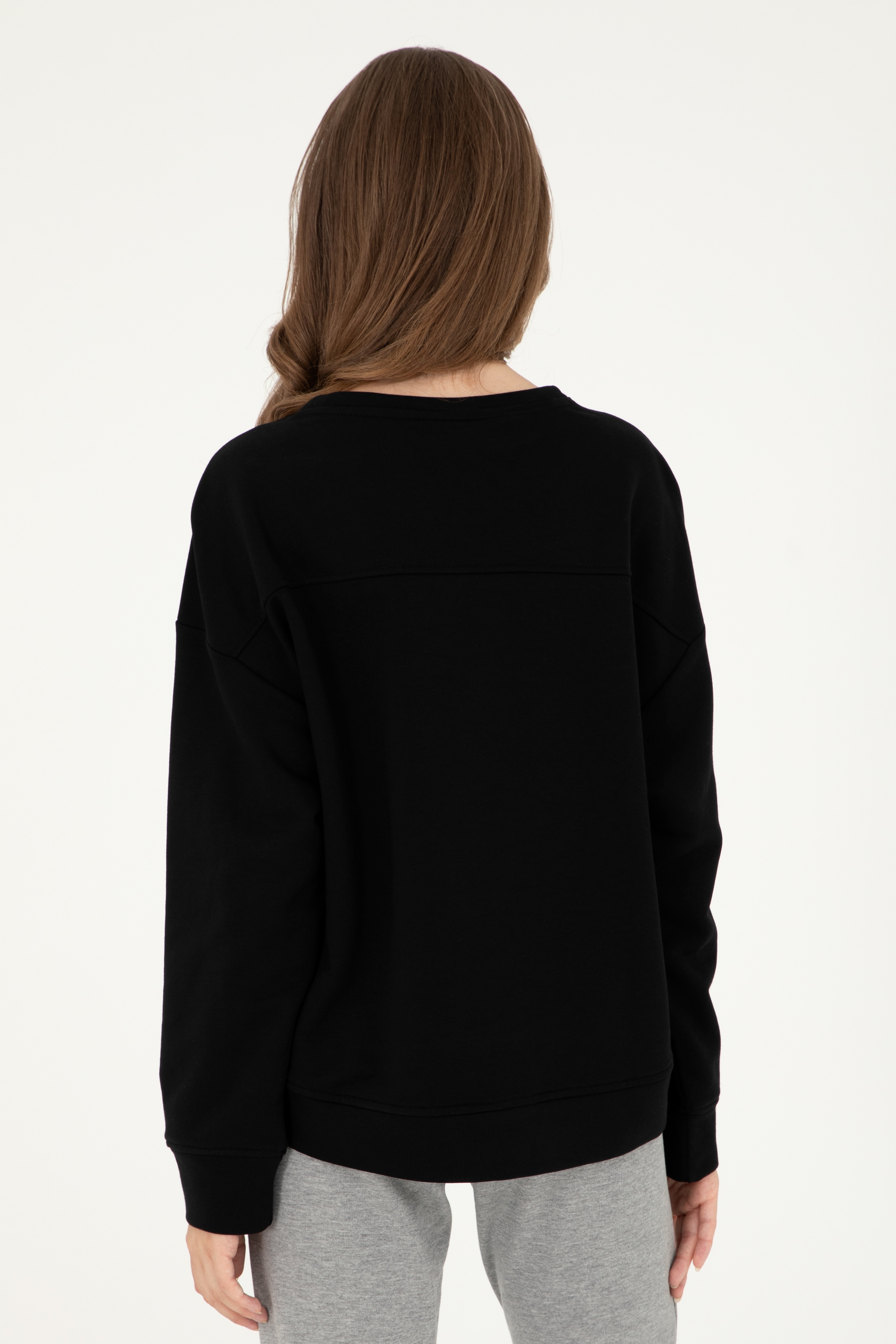 Kadın Siyah Basic Bisiklet Yaka Sweatshirt - Image 5