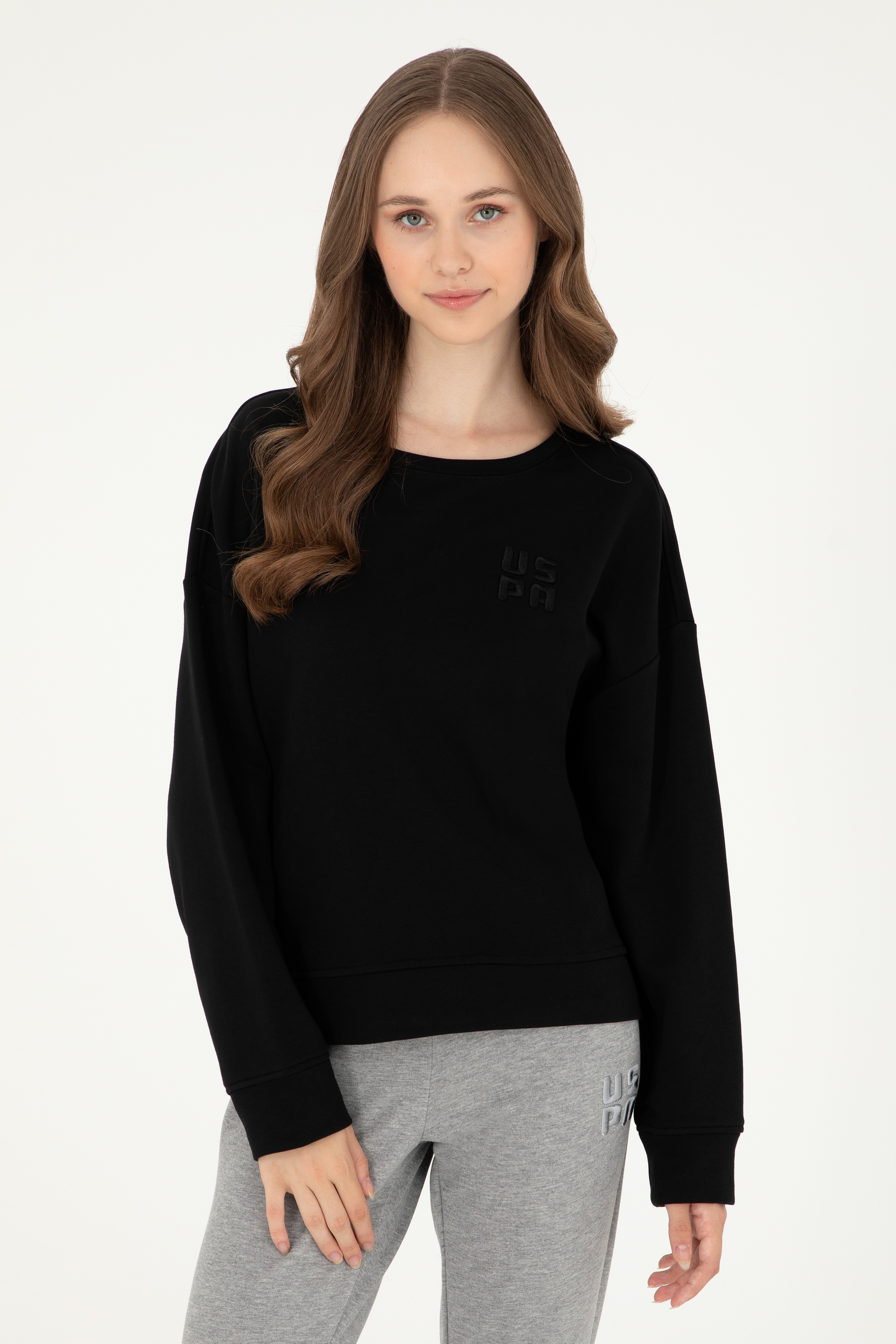 Kadın Siyah Basic Bisiklet Yaka Sweatshirt - Image 1