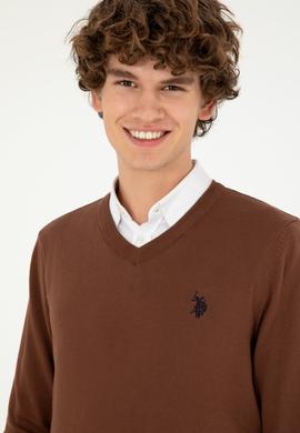 Erkek Slim Fit V Yaka Kahverengi Basic Kazak - 50293512006