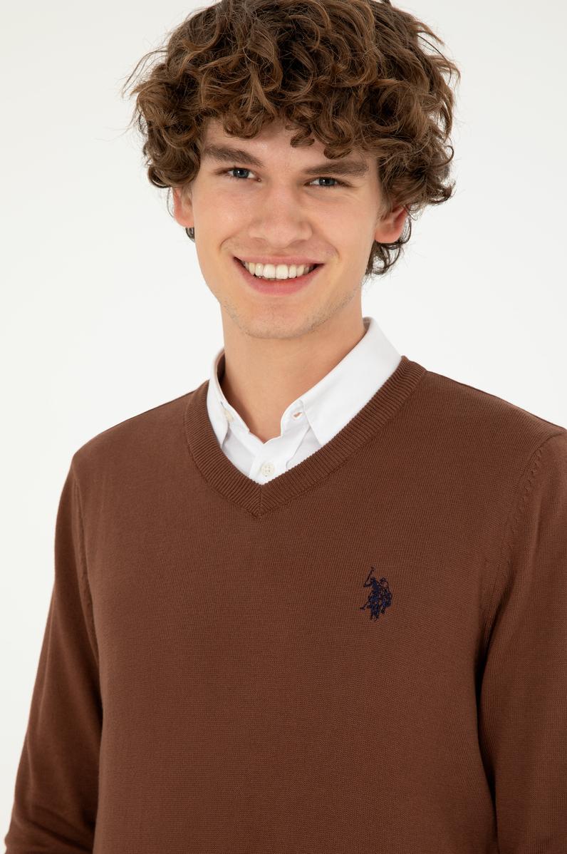 Erkek Slim Fit V Yaka Kahverengi Basic Kazak