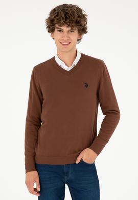 Erkek Slim Fit V Yaka Kahverengi Basic Kazak - 50293512006