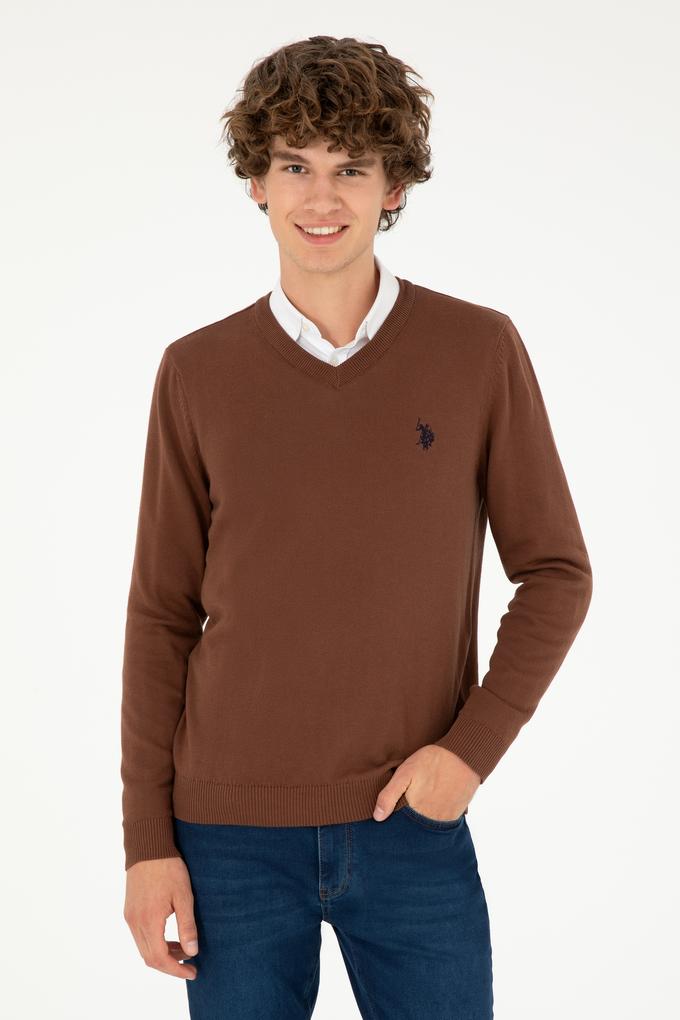 Erkek Slim Fit V Yaka Kahverengi Basic Kazak