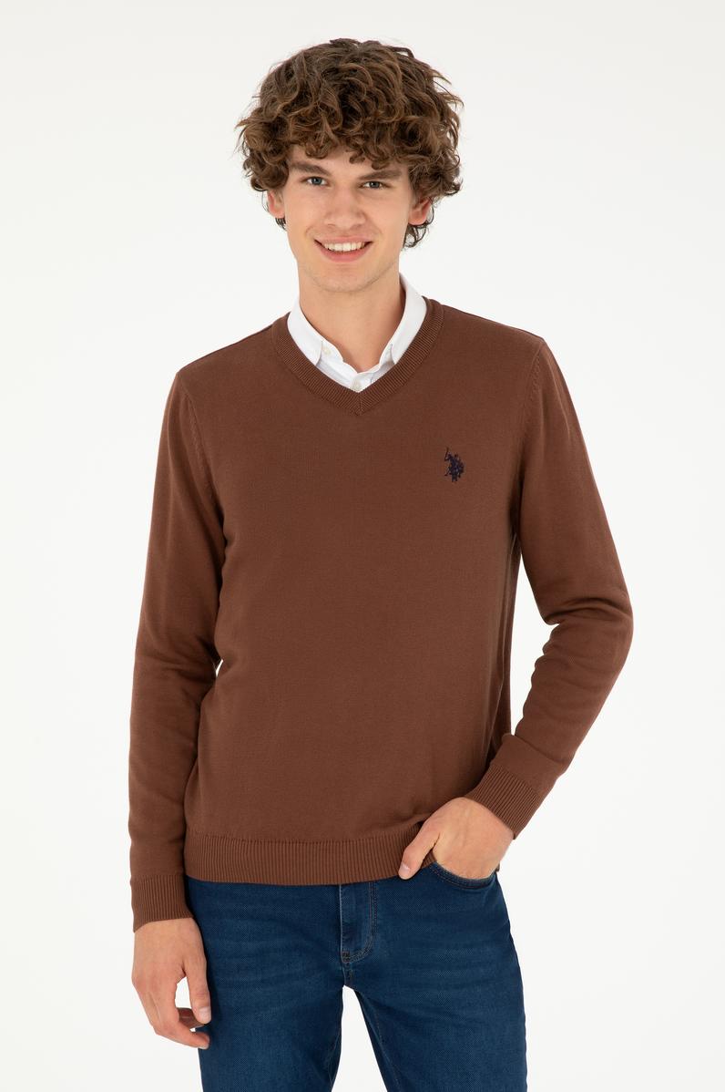 Erkek Slim Fit V Yaka Kahverengi Basic Kazak