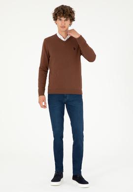 Erkek Slim Fit V Yaka Kahverengi Basic Kazak - 50293512006