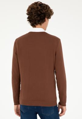 Erkek Slim Fit V Yaka Kahverengi Basic Kazak - 50293512006