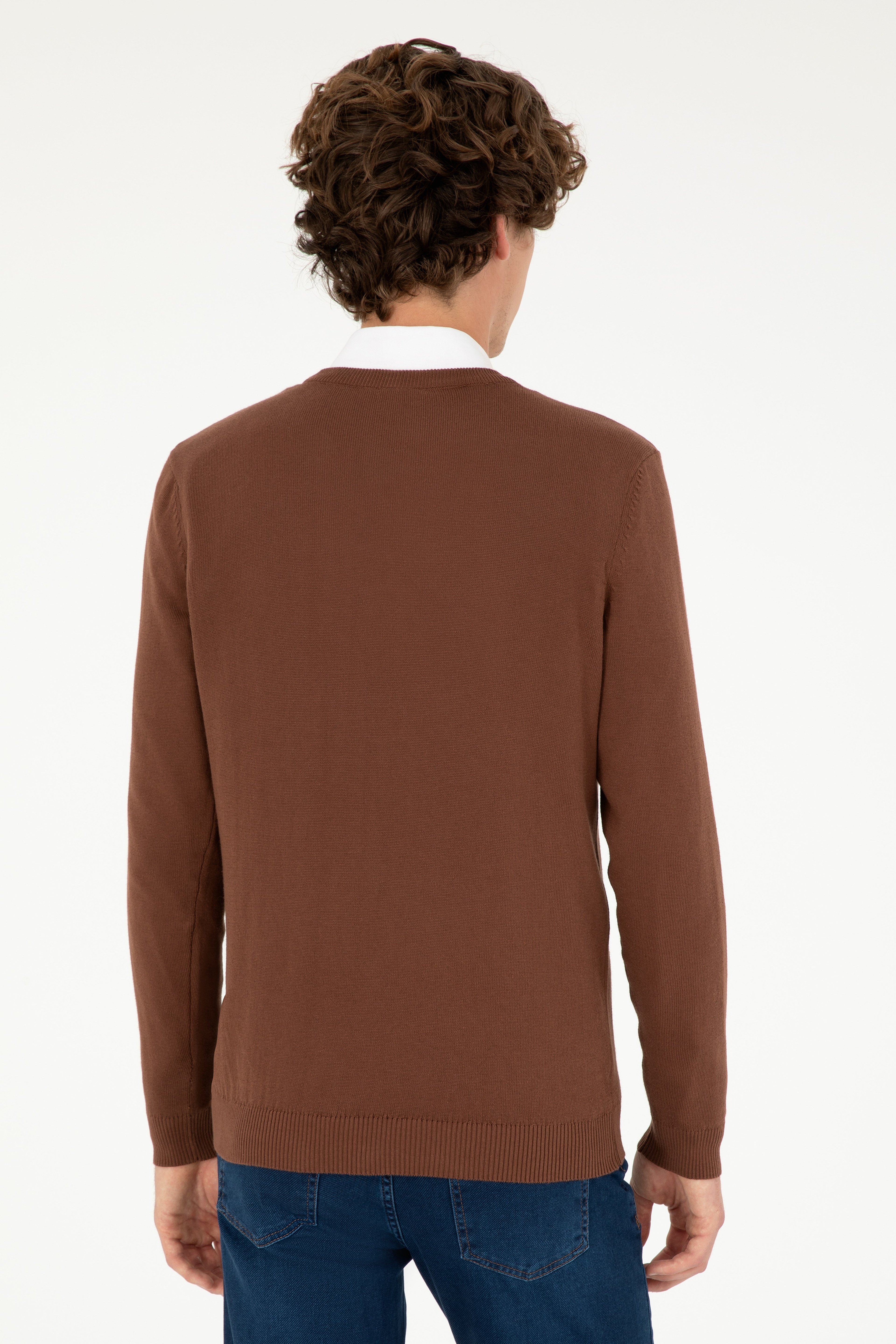 Erkek Slim Fit V Yaka Kahverengi Basic Kazak