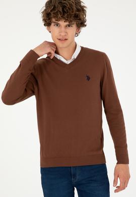 Erkek Slim Fit V Yaka Kahverengi Basic Kazak - 50293512006