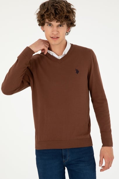 Erkek Slim Fit V Yaka Kahverengi Basic Kazak