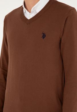 Erkek Slim Fit V Yaka Kahverengi Basic Kazak - 50293512006