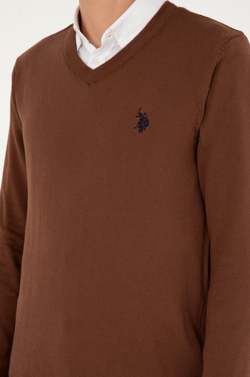 Erkek Slim Fit V Yaka Kahverengi Basic Kazak