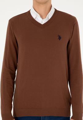 Erkek Slim Fit V Yaka Kahverengi Basic Kazak - 50293512006