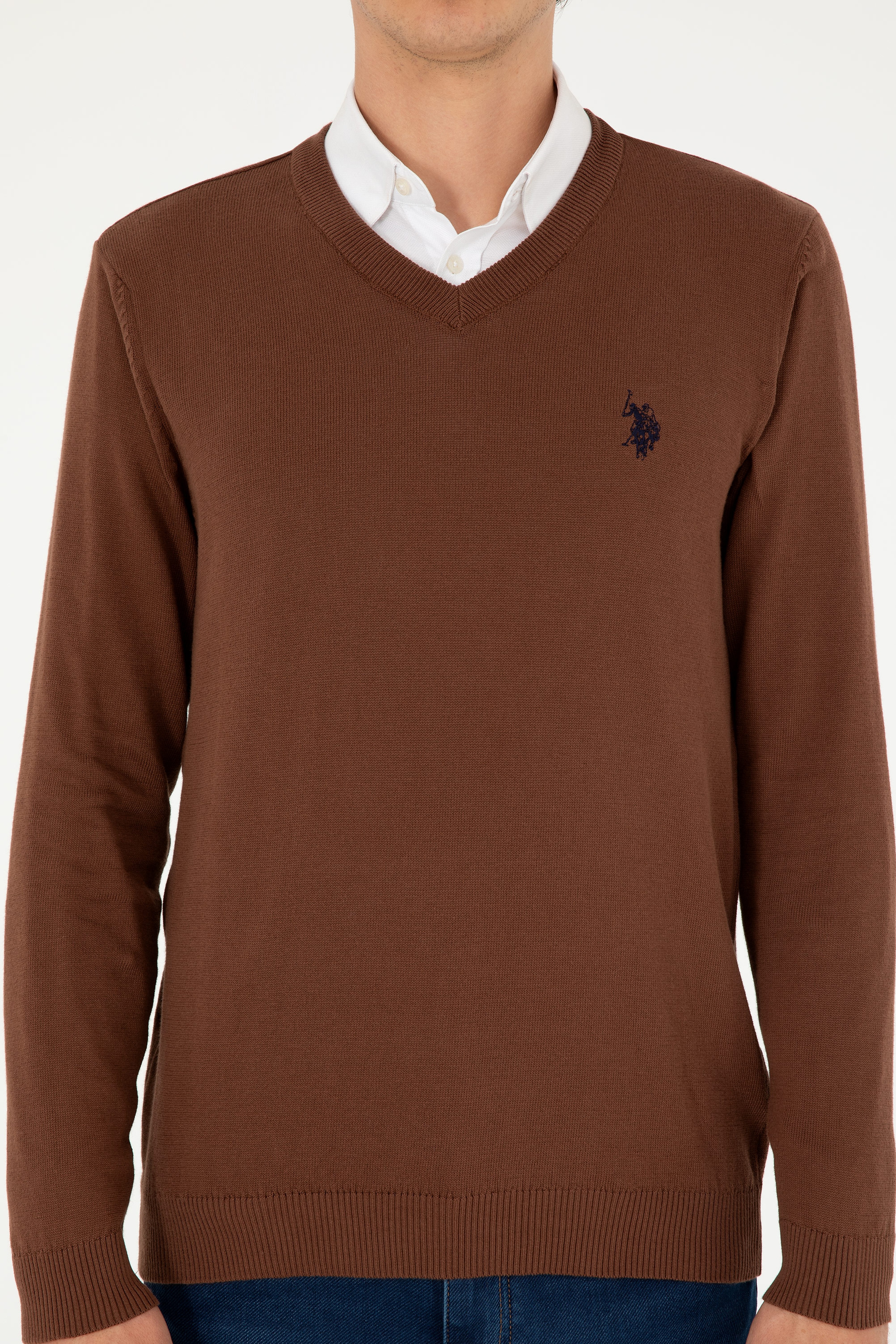 Erkek Slim Fit V Yaka Kahverengi Basic Kazak