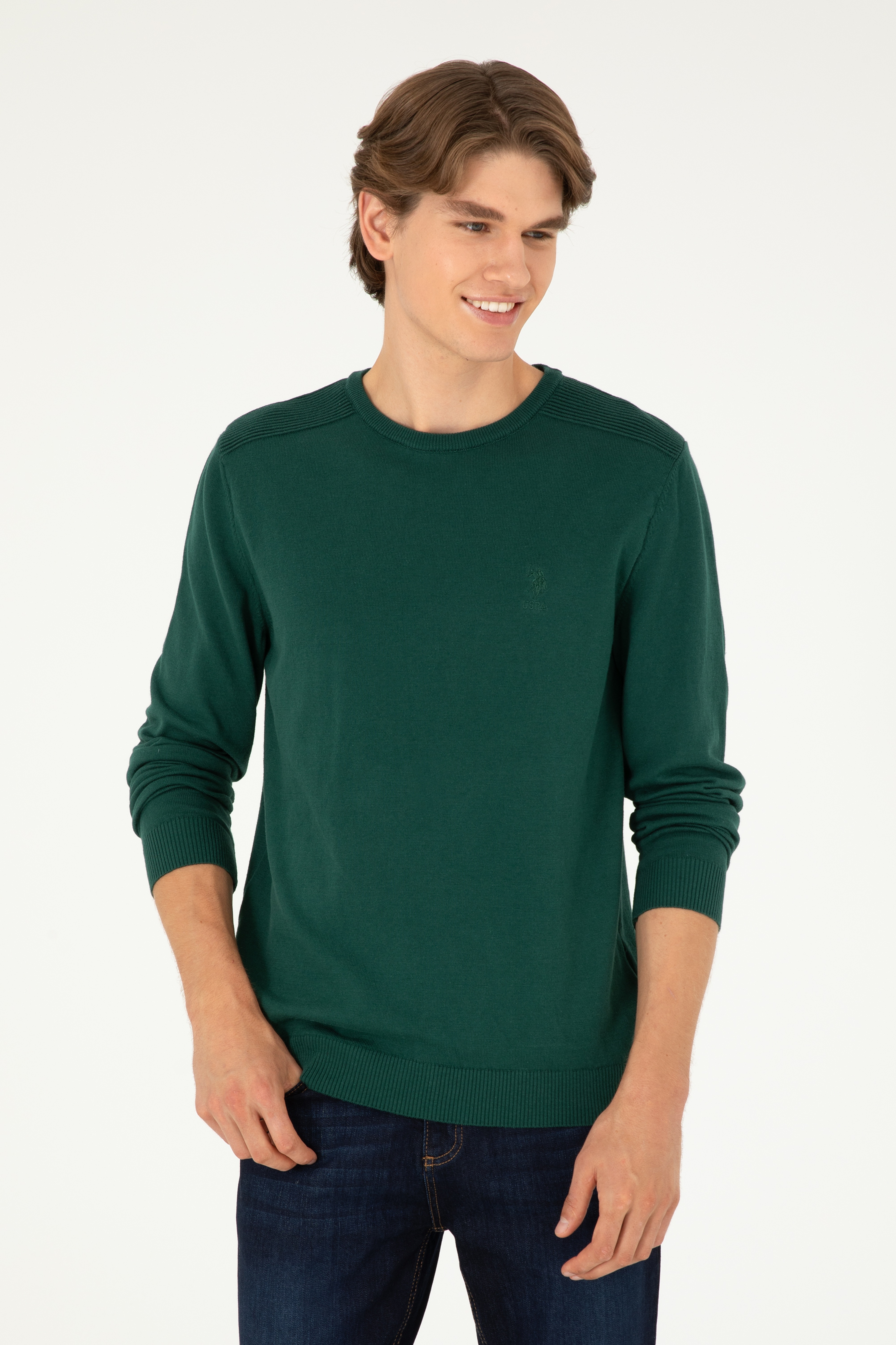 Erkek Slim Fit Bisiklet Yaka Yeşil Basic Kazak - Image 3