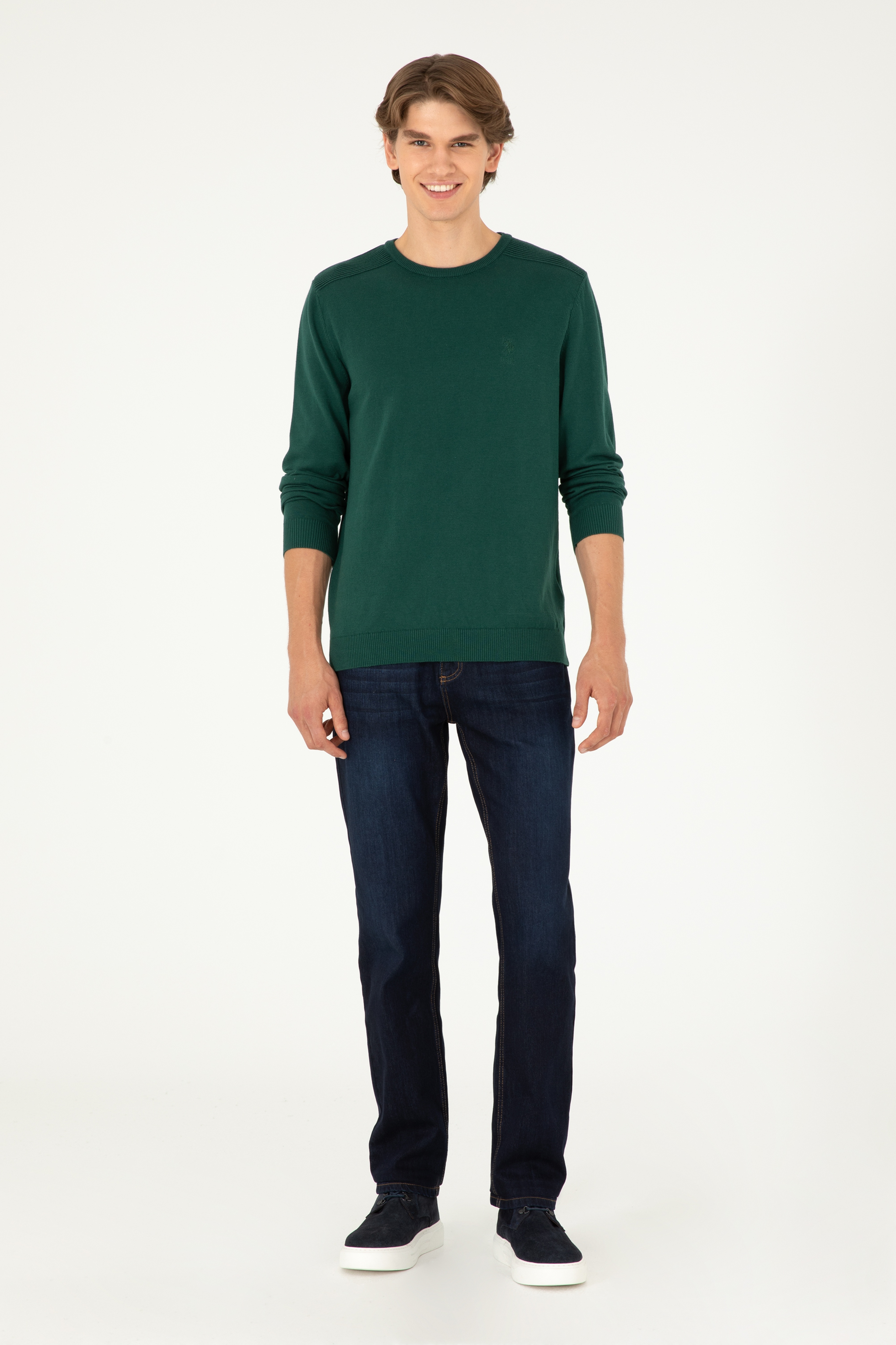 Erkek Slim Fit Bisiklet Yaka Yeşil Basic Kazak