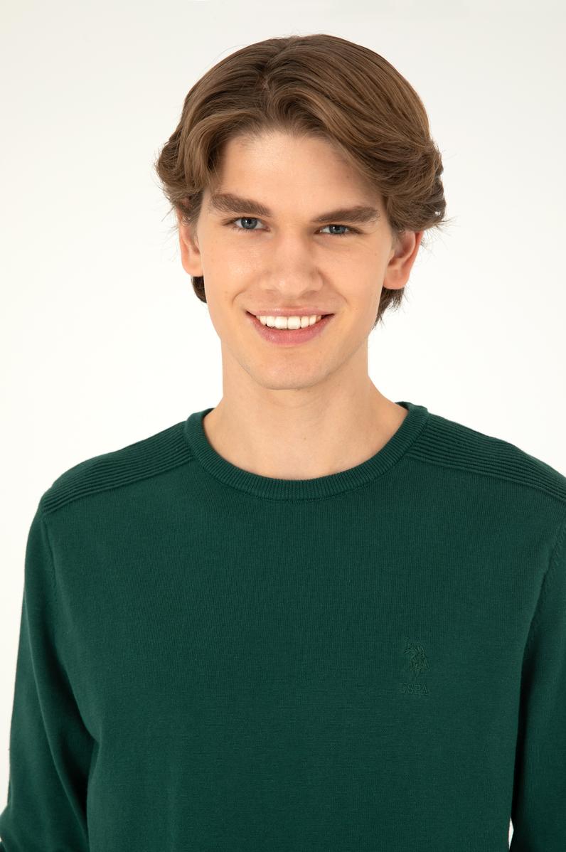 Erkek Slim Fit Bisiklet Yaka Yeşil Basic Kazak